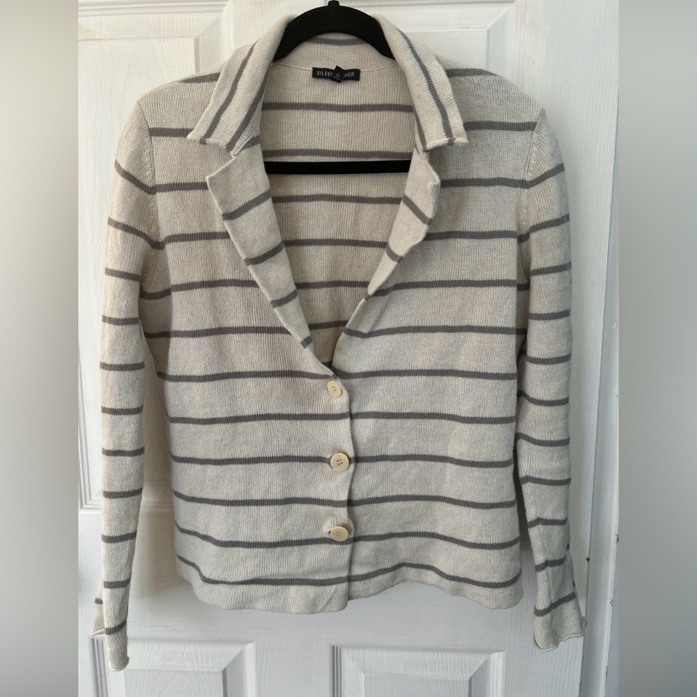 Eileen Fisher Cotton Metallic Striped Knit Sweater Jacket Collared Button Up S